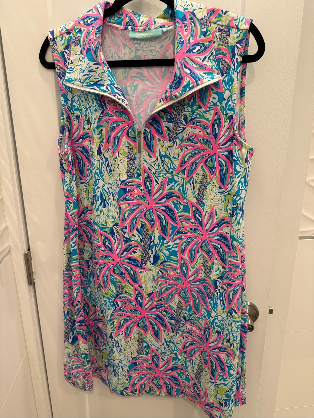 Sleeveless Tropical Palm Print Mini Dress in Pink & Blue